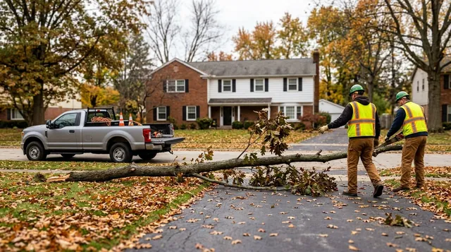 Two crew members in hard hats and high-visibility vests clearing a fallen oak limb from a suburban street, a pickup truck with traffic cones and a chainsaw parked beside the autumn leaves Two crew members in hard hats and high-visibility vests clearing a fallen oak limb from a suburban street, a pickup truck with traffic cones and a chainsaw parked beside the autumn leaves