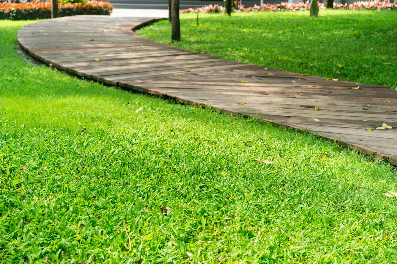 Wooden walkway curves through lush green grass in a park setting.