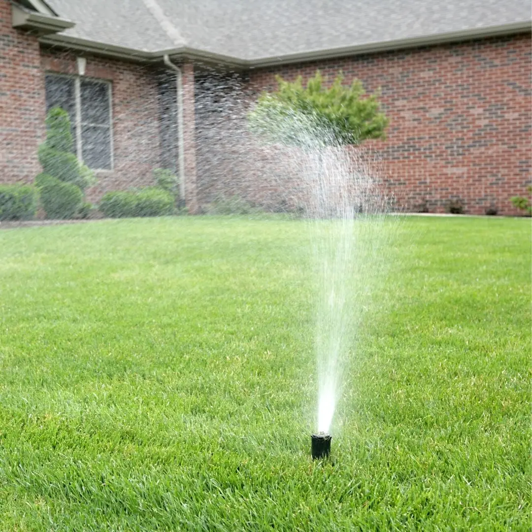 Pop-up sprinkler head watering a green lawn at a brick home with a smart irrigation system in Columbus, GA Pop-up sprinkler head watering a green lawn at a brick home with a smart irrigation system in Columbus, GA